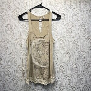 Vanity Tank Top Womens Medium Beige Moon Graphic Rhinestone Crochet Lace Hem
